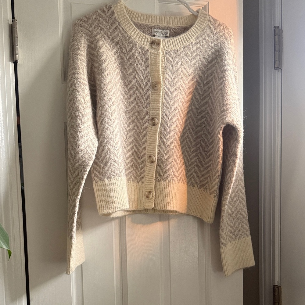NWOT Rachel Zoe Cream Chevron Button-Up Wool Blend Cardigan Sweater